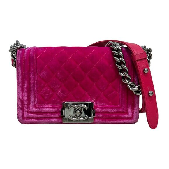 Authentic CHANEL Boy Flap Bag Quilted Chain Shoulder Bag Velvet Pink Fuchsia - Picture 1 of 14